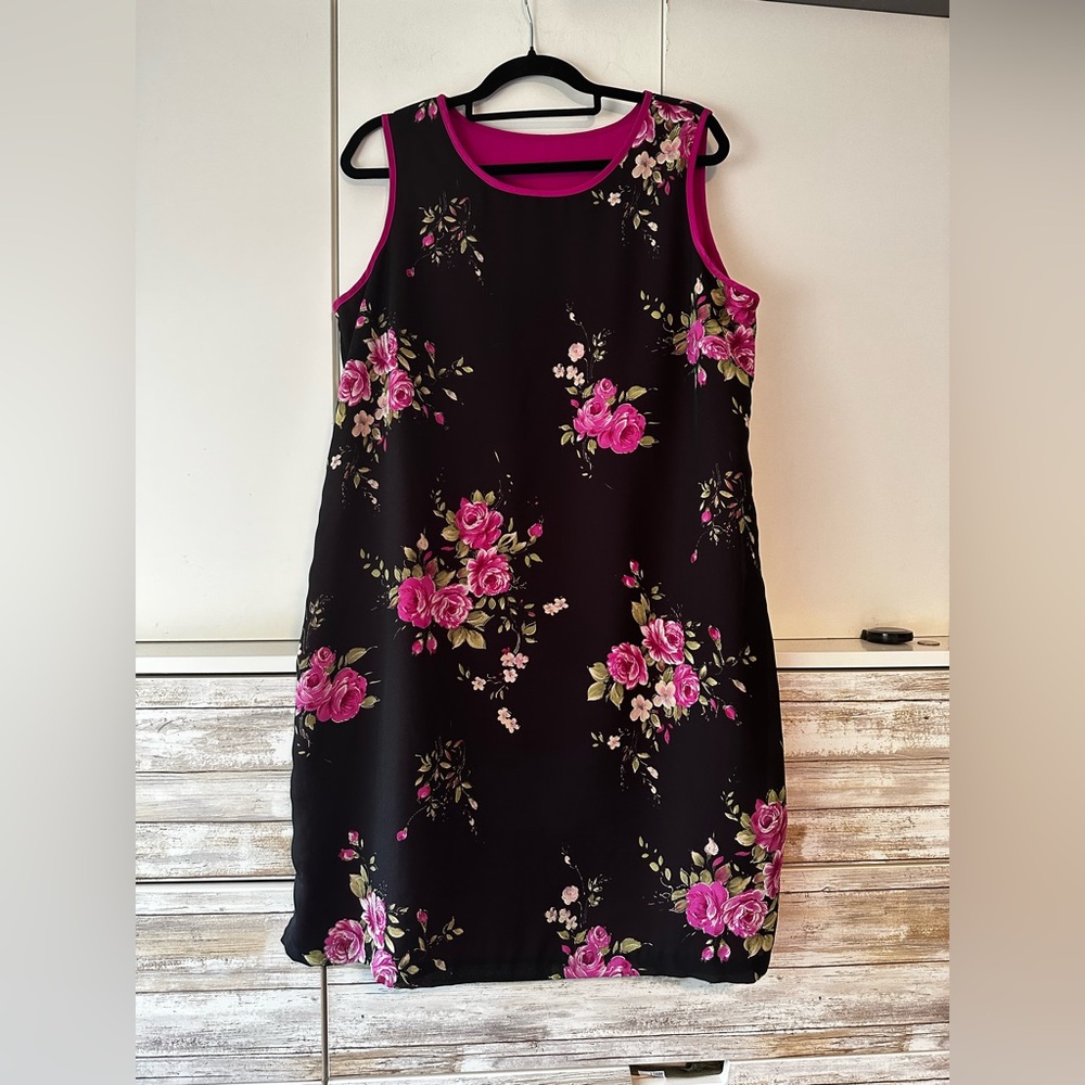 🌸 Black Pink Floral Sleeveless Shift Dress Petite 18P Lined Mini Dress